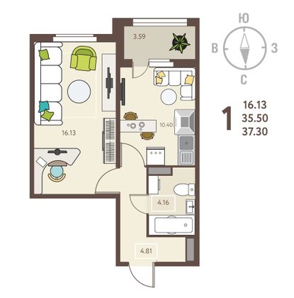 37,3 м², 1-комн. квартира, 17/18 этаж