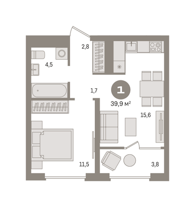 39,9 м², 1-комн. квартира, 2/7 этаж