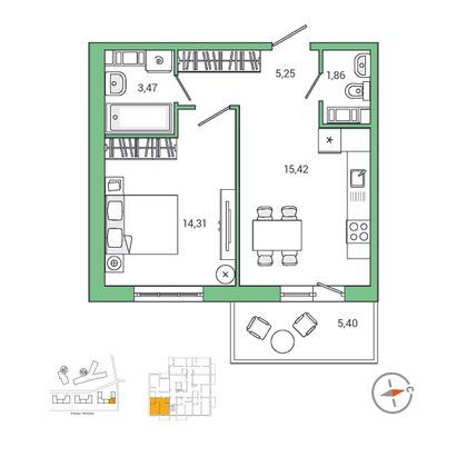 42 м², 1-комн. квартира, 2/9 этаж