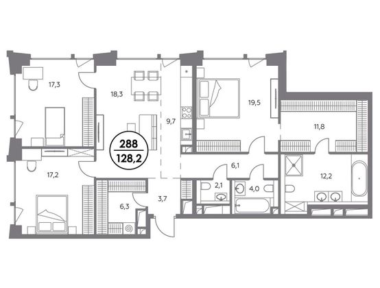 128,2 м², 3-комн. квартира, 5/12 этаж