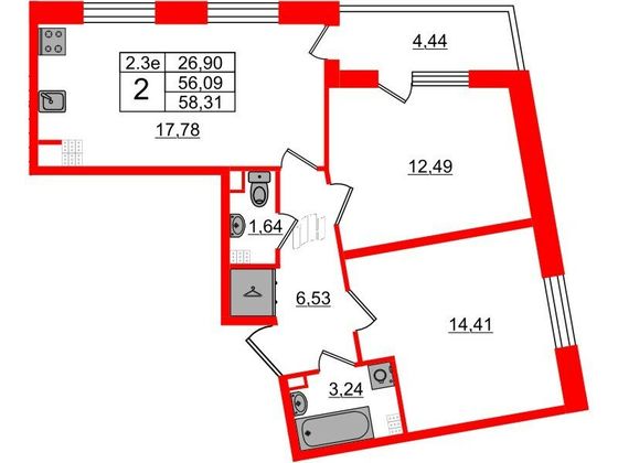 Продажа 2-комнатной квартиры 56,1 м², 5/5 этаж