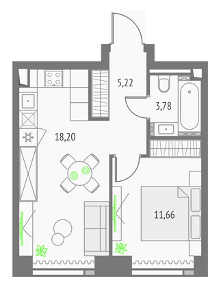 38,9 м², 1-комн. квартира, 24/57 этаж