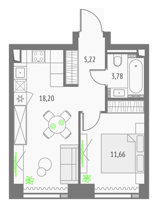 38,9 м², 1-комн. квартира, 25/57 этаж