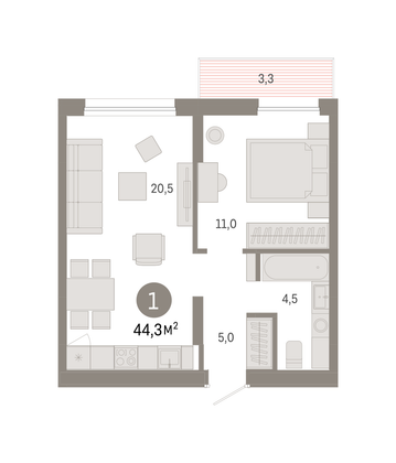 Продажа 1-комнатной квартиры 44,3 м², 4/9 этаж