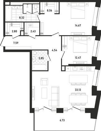 104,5 м², 2-комн. квартира, 29/33 этаж