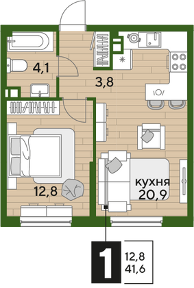 Продажа 1-комнатной квартиры 41,6 м², 6/16 этаж