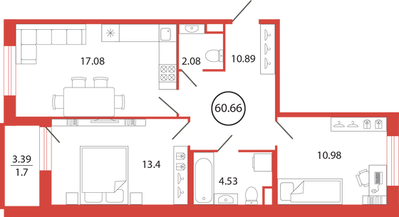 Продажа 2-комнатной квартиры 60,7 м², 2/12 этаж