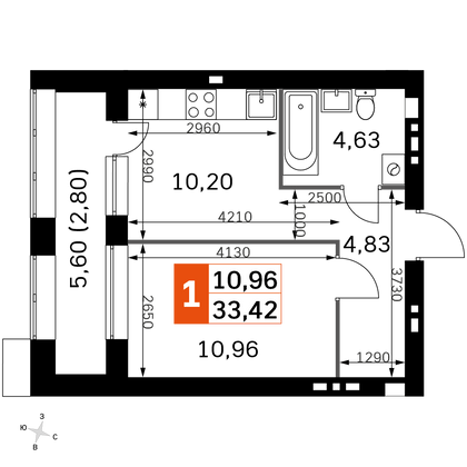 33,4 м², 1-комн. квартира, 2/4 этаж