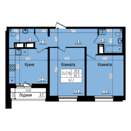 62,2 м², 2-комн. квартира, 17/23 этаж