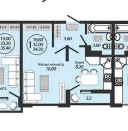 Продажа 1-комнатной квартиры 34 м², 6/9 этаж