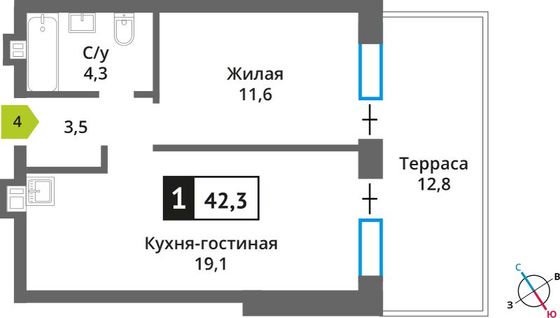 Продажа 1-комнатной квартиры 42,3 м², 1/6 этаж