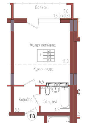 30,3 м², 1-комн. квартира, 6/9 этаж