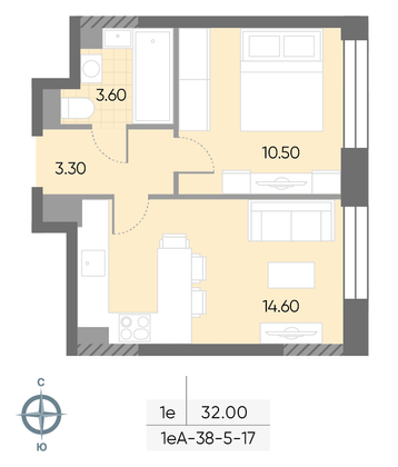 Продажа 1-комнатной квартиры 32 м², 14/30 этаж