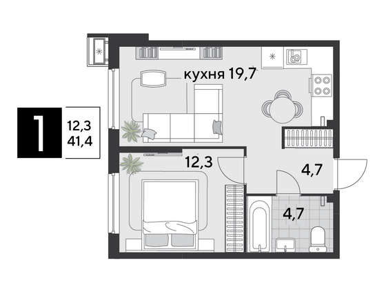 Продажа 1-комнатной квартиры 41,4 м², 2/9 этаж
