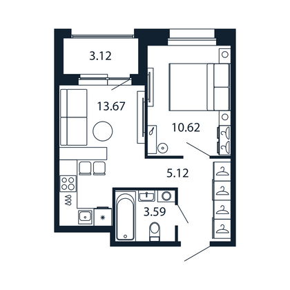 Продажа 1-комнатной квартиры 34,6 м², 3/12 этаж