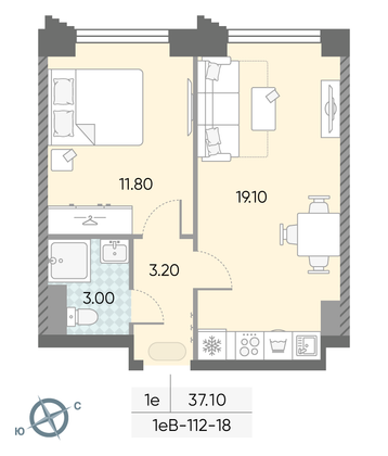 Продажа 1-комнатной квартиры 37,1 м², 18/58 этаж