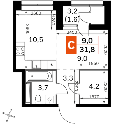 32,3 м², студия, 13/44 этаж