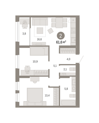 Продажа 2-комнатной квартиры 61,6 м², 13/17 этаж