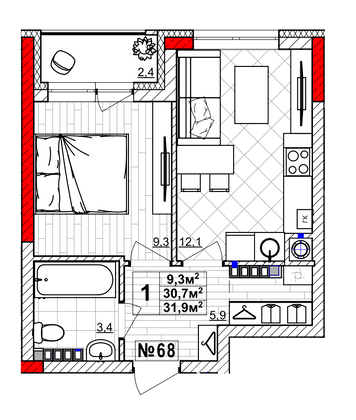 Продажа 1-комнатной квартиры 31,9 м², 4/4 этаж