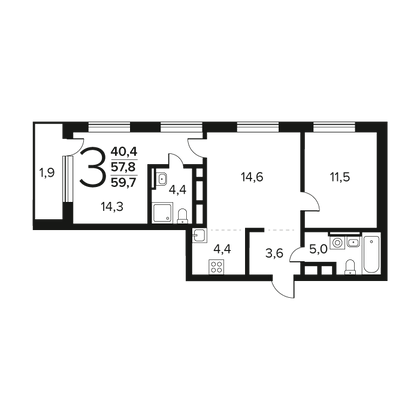 59,7 м², 3-комн. квартира, 3/11 этаж