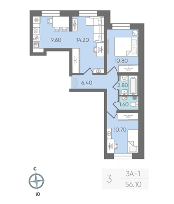 56,1 м², 3-комн. квартира, 1/16 этаж