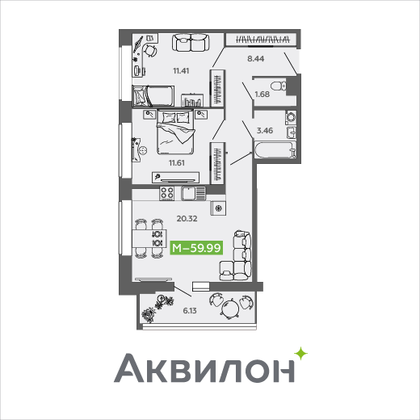 60 м², 2-комн. квартира, 9/9 этаж