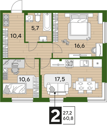 Продажа 2-комнатной квартиры 60,8 м², 2/16 этаж