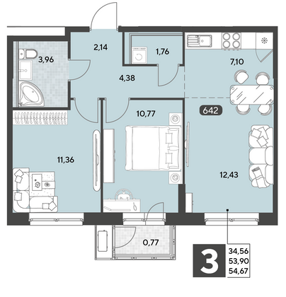 Продажа 3-комнатной квартиры 54,7 м², 7/25 этаж