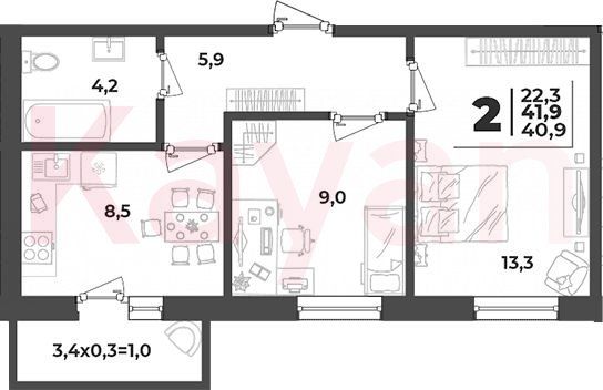 Продажа 2-комнатной квартиры 40,9 м², 2/5 этаж