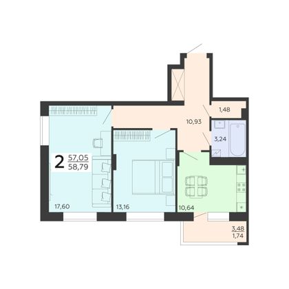 Продажа 2-комнатной квартиры 58,8 м², 13/18 этаж