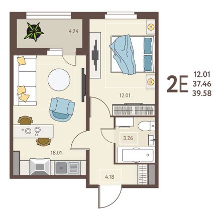 39,6 м², 1-комн. квартира, 2/18 этаж