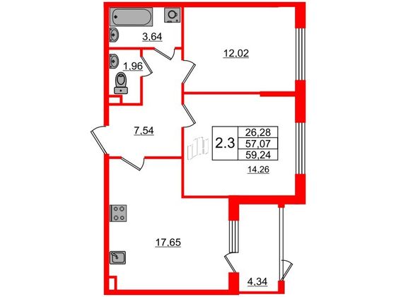 Продажа 2-комнатной квартиры 57,1 м², 1/4 этаж