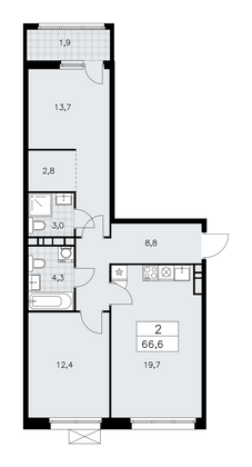 66,6 м², своб. планировка, 8/12 этаж