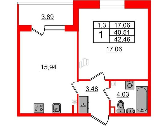 Продажа 1-комнатной квартиры 40,5 м², 3/5 этаж