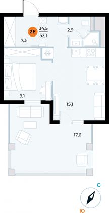 52,1 м², 1-комн. квартира, 2/6 этаж
