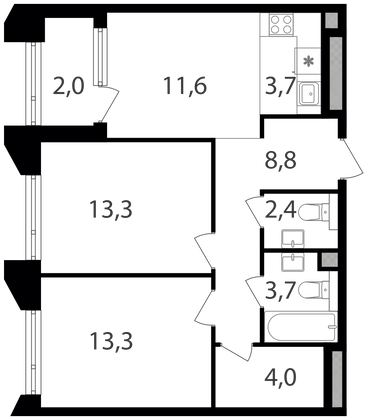 62,8 м², 2-комн. квартира, 2/19 этаж