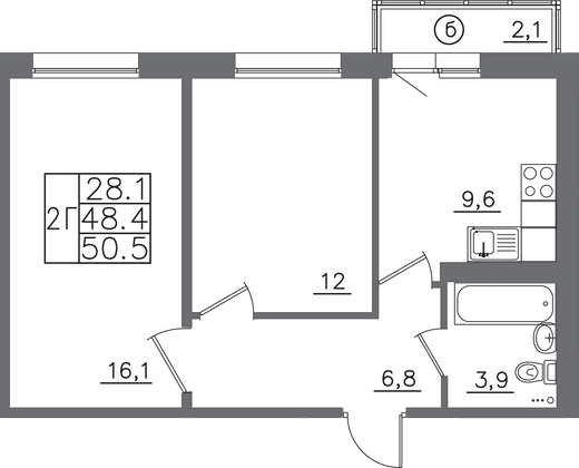 50,5 м², 2-комн. квартира, 2/14 этаж