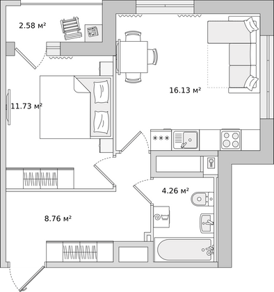 43,5 м², 1-комн. квартира, 20/23 этаж