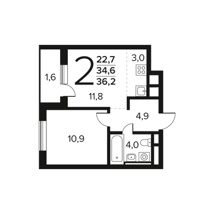 Продажа 2-комнатной квартиры 36,2 м², 2/12 этаж