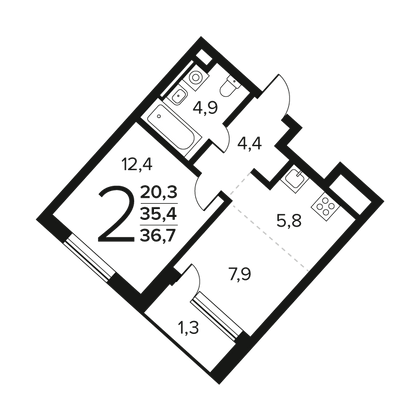 36,7 м², 2-комн. квартира, 2/12 этаж