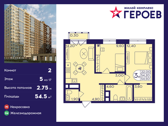 54,5 м², 2-комн. квартира, 5/17 этаж