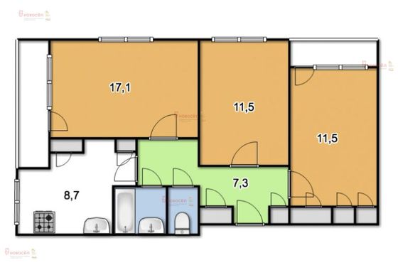 Продажа 3-комнатной квартиры 54 м², 1/2 этаж