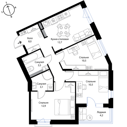 63,3 м², 4-комн. квартира, 3/3 этаж