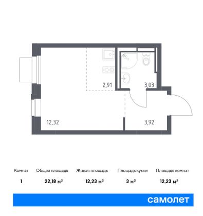 22,2 м², студия, 14/17 этаж