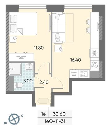 Продажа 1-комнатной квартиры 33,6 м², 31/58 этаж