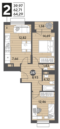 Продажа 2-комнатной квартиры 64,3 м², 4/15 этаж