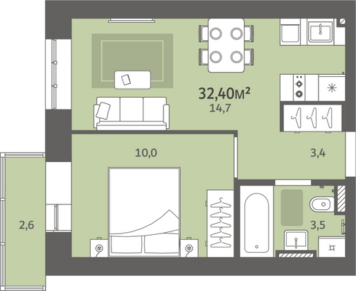 Продажа 1-комнатной квартиры 32,4 м², 6/9 этаж