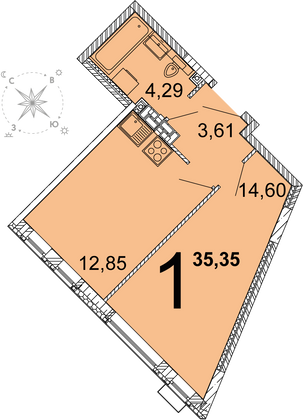 35,2 м², 1-комн. квартира, 14 этаж