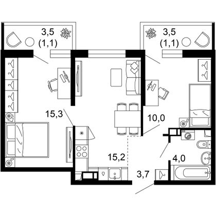 50,4 м², 2-комн. квартира, 2/12 этаж