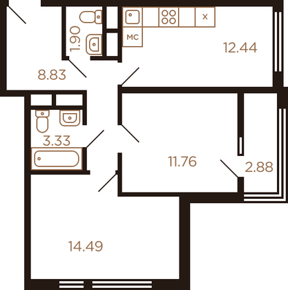 52,7 м², 2-комн. квартира, 8/8 этаж